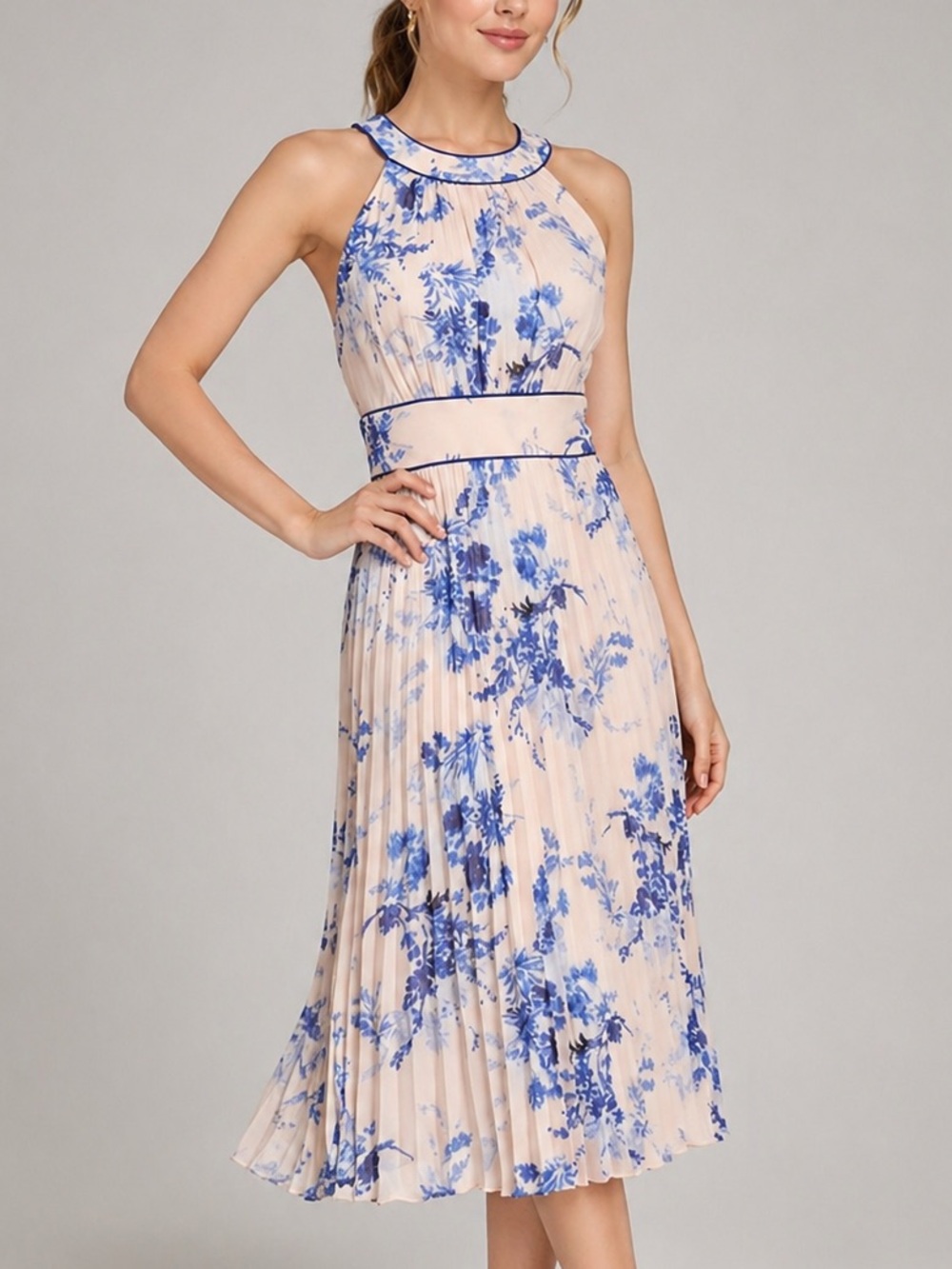 🆕🫐 Calvin Klein Blue Floral Pleated Midi Dress Size 2 Fit & Flare Chiffon Party